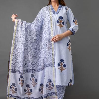 Martini - Cotton Floral Hand Block Printed Kurti with Pant and Dupatta