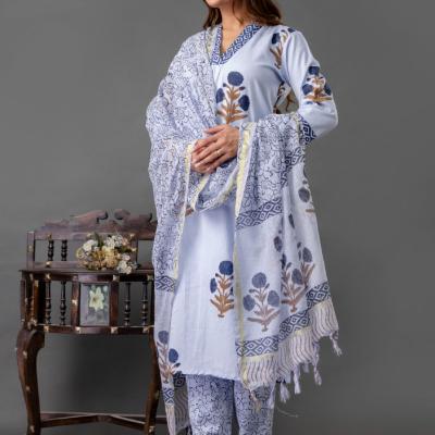 Martini - Cotton Floral Hand Block Printed Kurti with Pant and Dupatta
