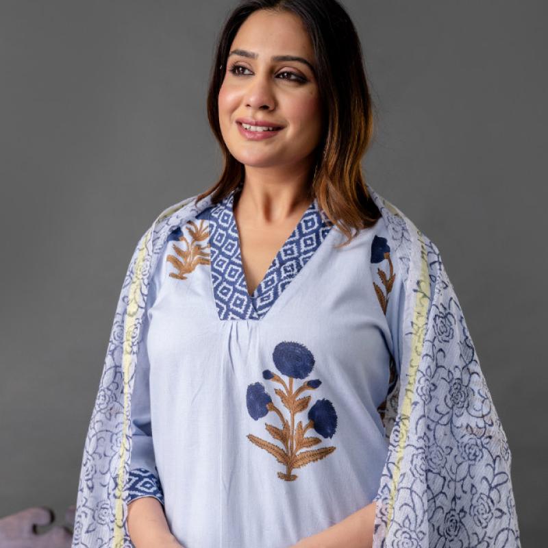 Martini - Cotton Floral Hand Block Printed Kurti with Pant and Dupatta