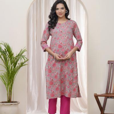 VAASVA - Charcoal Cotton Printed Straight Kurti