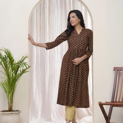 VAASVA - Vaasva Brown Boonta Cotton Printed Gathered Kurti