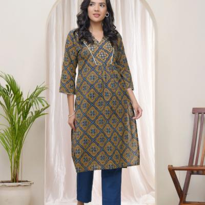 VAASVA - Vaasva Blue Ajrakh Cotton Printed Gathered Kurti