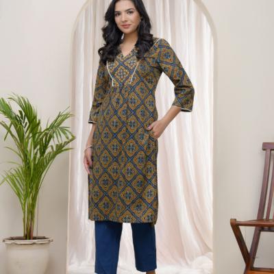 VAASVA - Vaasva Blue Ajrakh Cotton Printed Gathered Kurti