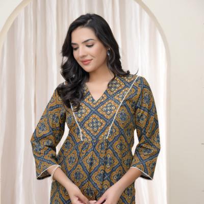 VAASVA - Vaasva Blue Ajrakh Cotton Printed Gathered Kurti