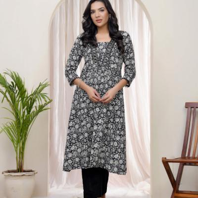 VAASVA - Vaasva Black Floral Cotton Printed Gathered Kurti