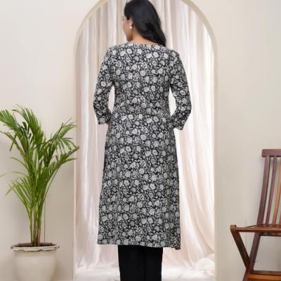 VAASVA - Vaasva Black Floral Cotton Printed Gathered Kurti