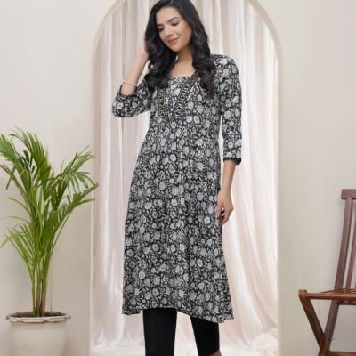 VAASVA - Vaasva Black Floral Cotton Printed Gathered Kurti