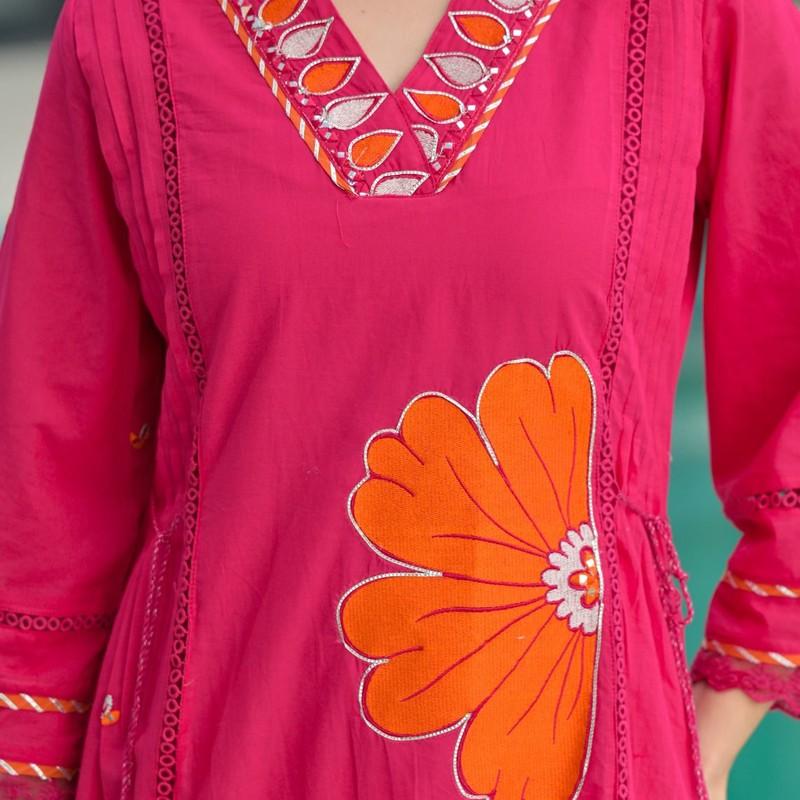 Cotton 60-60 Applic Work Straight Kurti with Pant and Dupatta