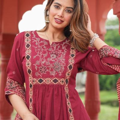 RKS - Cotton Cambric A Line Embroidery Work Kurti with Pant and Dupatta