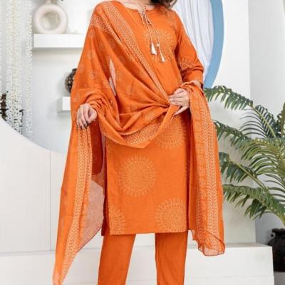 RKS - Cotton Cambric Hand Work Straight Kurti with Pant and Dupatta