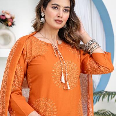 RKS - Cotton Cambric Hand Work Straight Kurti with Pant and Dupatta