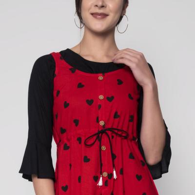 Sarah - Red Colored Rayon Heart Printed Two Pcs Printed Midi Dress
