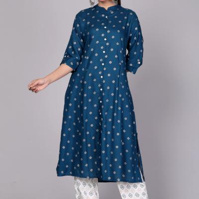 Rayon Gold Printed Princess Cut Kurti with One Side Pocket