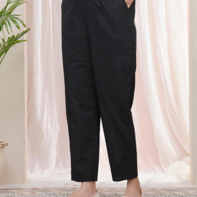 VAASVA - Black Cotton Flax Solid Straight Pants