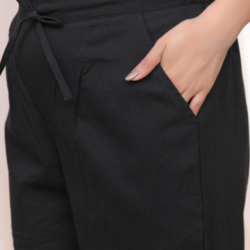 VAASVA - Black Cotton Flax Solid Straight Pants