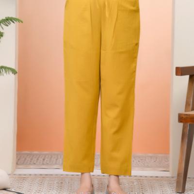 VAASVA - Mustard Cotton Flax Solid Straight Pants