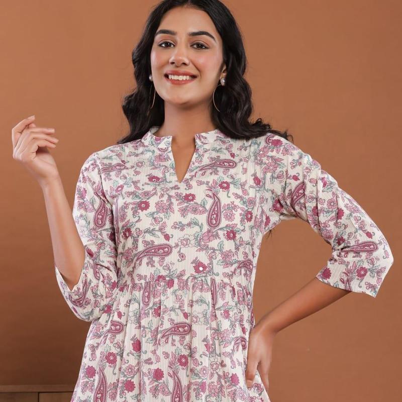 Cotton 60-60 Printed with Hand Work Flared Dress