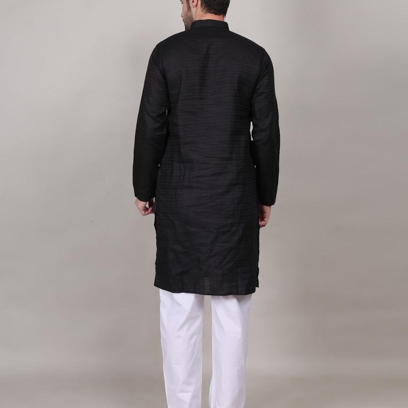 Charvi - Black Cotton Viscose Blend Self Design Woven Mens Kurta