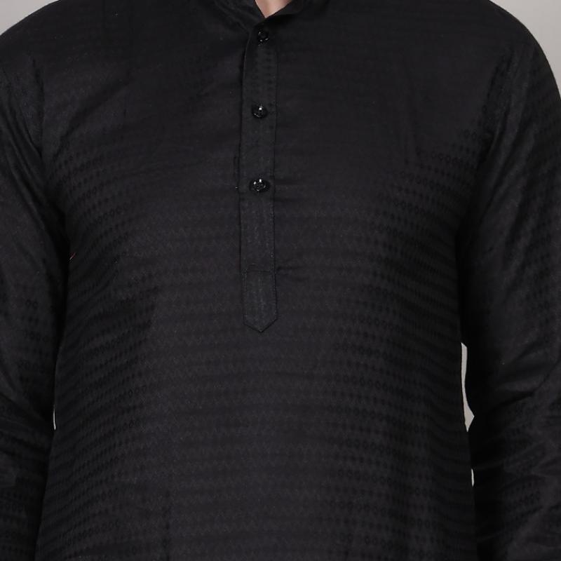 Charvi - Black Cotton Viscose Blend Self Design Woven Mens Kurta
