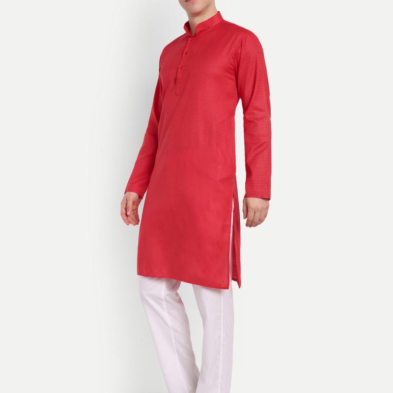 Charvi - Red Self Design Cotton Mens Daily Wear Kurta