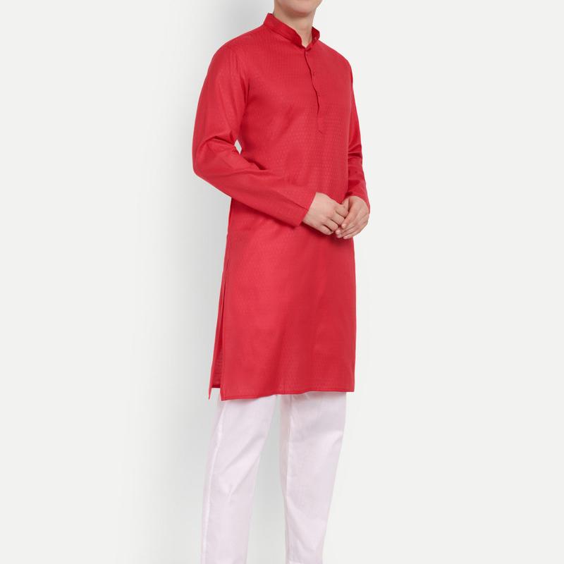 Charvi - Red Self Design Cotton Mens Daily Wear Kurta