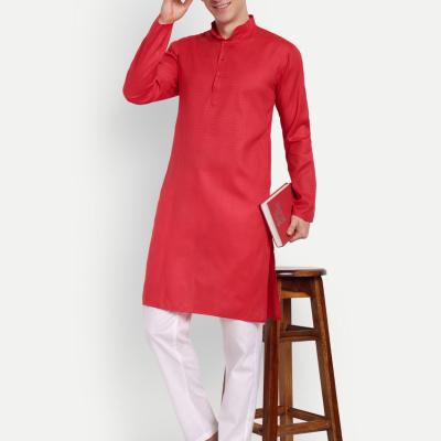 Charvi - Red Self Design Cotton Mens Daily Wear Kurta