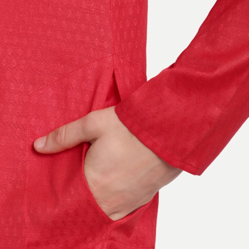 Charvi - Red Self Design Cotton Mens Daily Wear Kurta