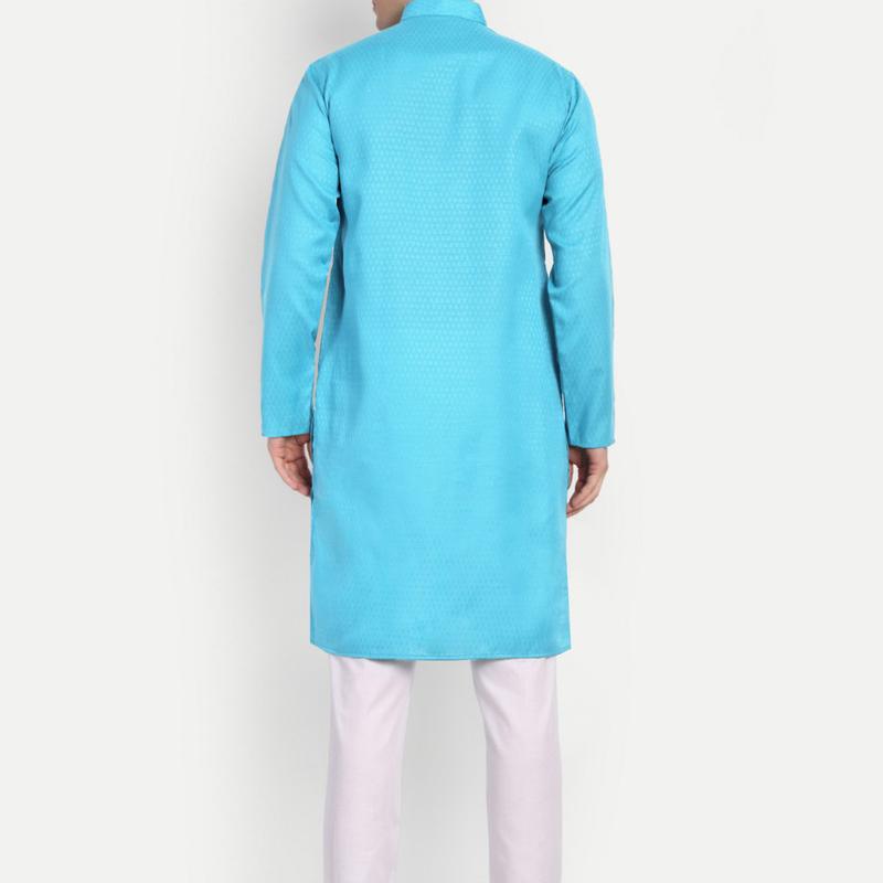 Charvi - Blue Self Design Cotton Mens Daily Wear Kurta