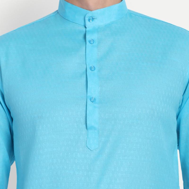 Charvi - Blue Self Design Cotton Mens Daily Wear Kurta