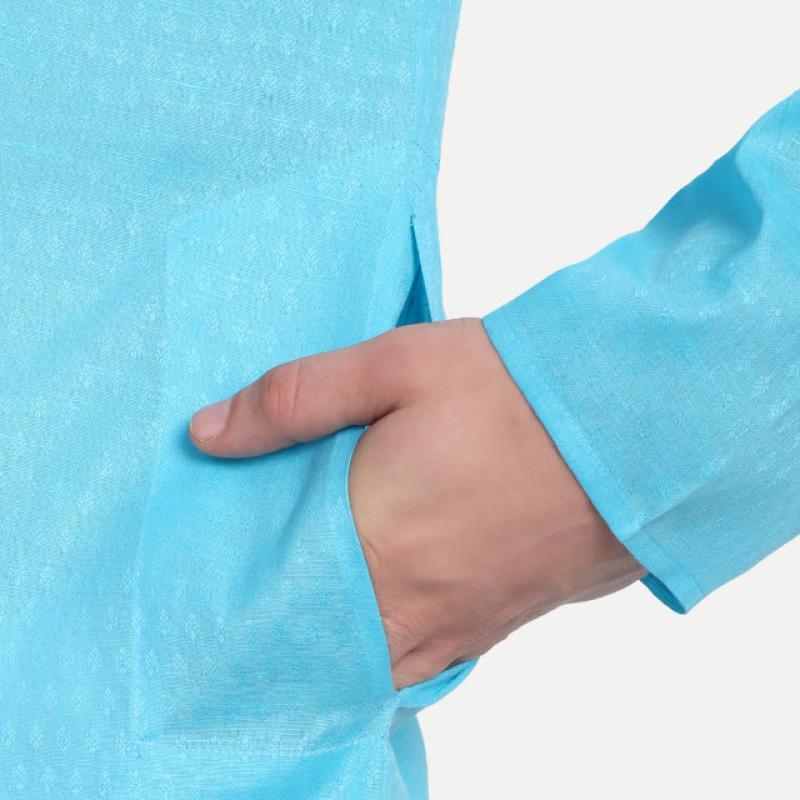 Charvi - Blue Self Design Cotton Mens Daily Wear Kurta