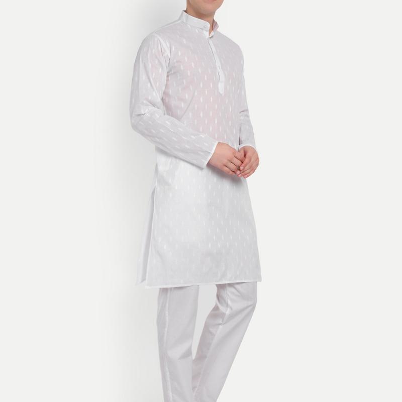 Charvi - White Self Design Pure Cotton Mens Daily wear Kurta