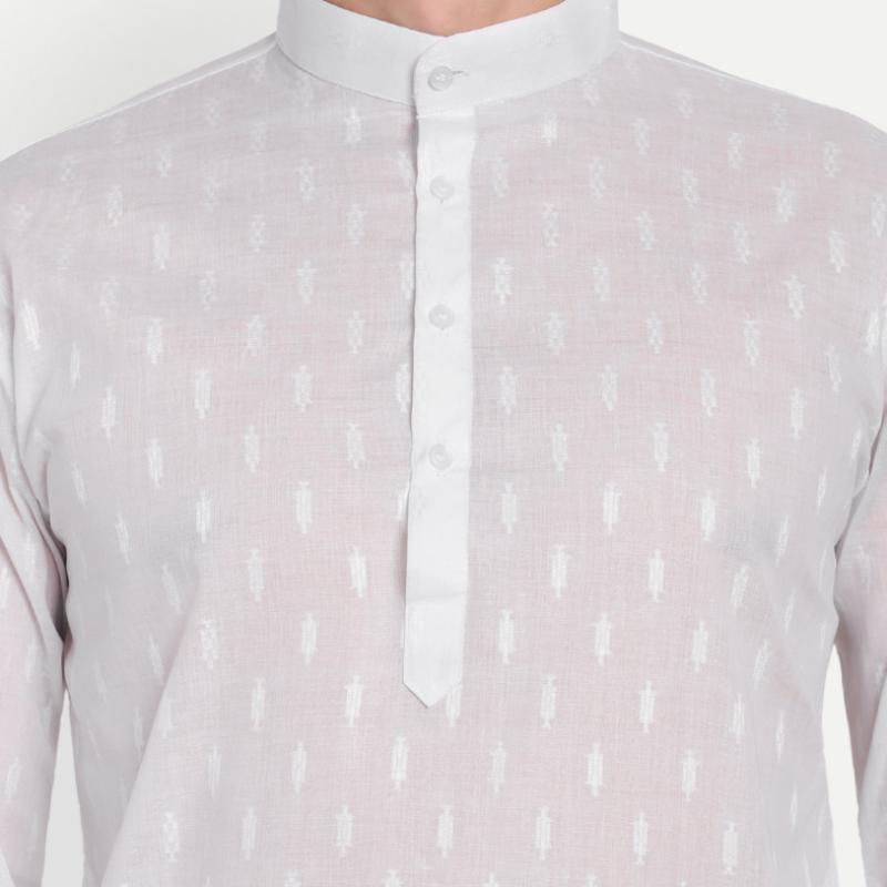 Charvi - White Self Design Pure Cotton Mens Daily wear Kurta