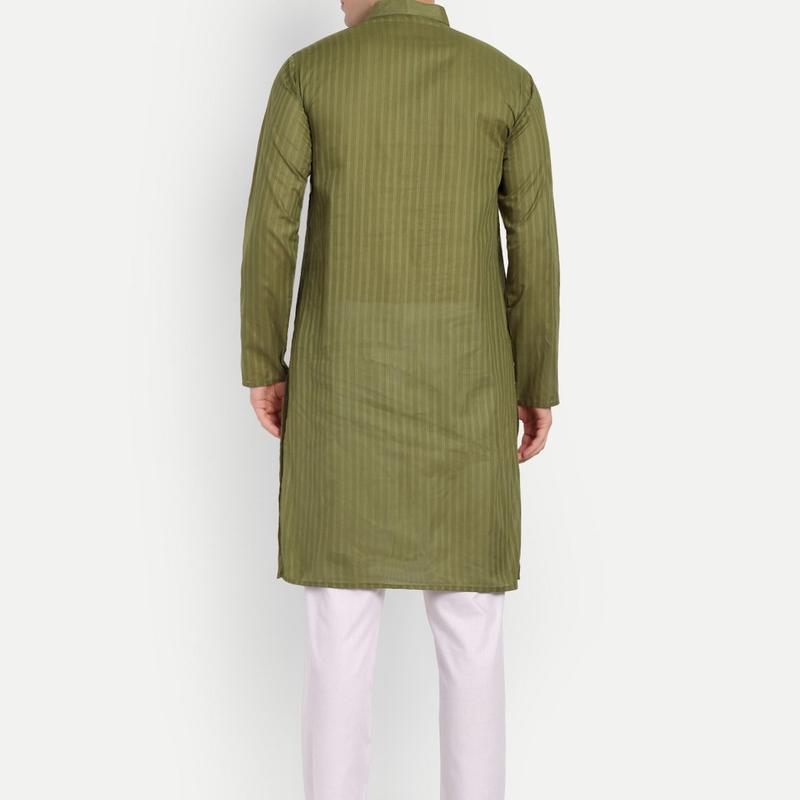 Charvi - Olive Green Self Striped Oure Cotton kurta