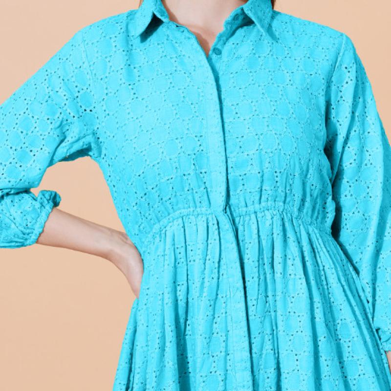 Women Schiffli Solid Puff Sleeve Cotton Shirt Dress