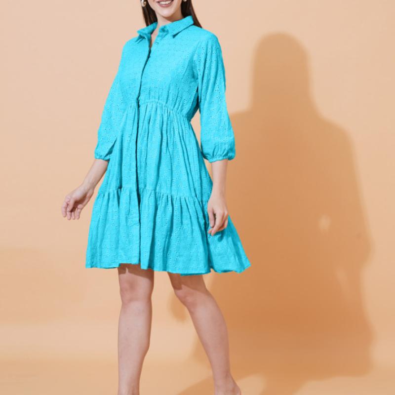 Women Schiffli Solid Puff Sleeve Cotton Shirt Dress