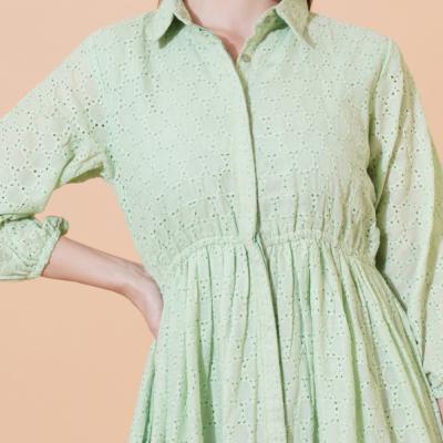 Women Schiffli Solid Puff Sleeve Cotton Shirt Dress