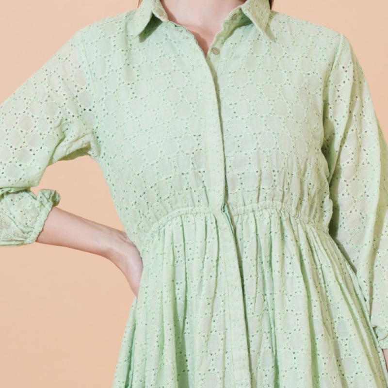 Women Schiffli Solid Puff Sleeve Cotton Shirt Dress
