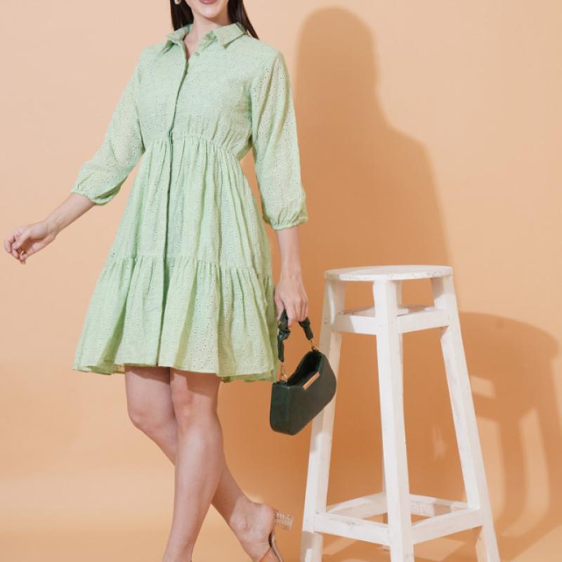 Women Schiffli Solid Puff Sleeve Cotton Shirt Dress