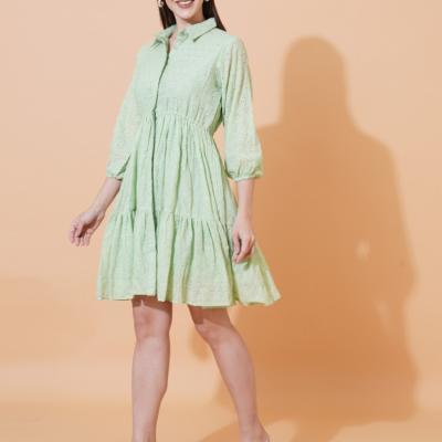 Women Schiffli Solid Puff Sleeve Cotton Shirt Dress