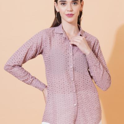 Women Solid Schiffli Work Full Sleeve Shirt