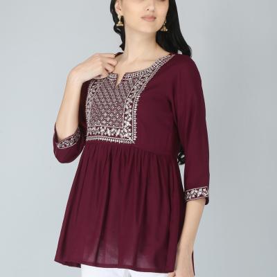 Women Rayon Embroidery Maroon Solid top