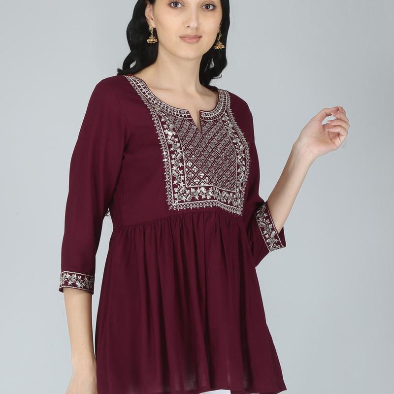 Women Rayon Embroidery Maroon Solid top