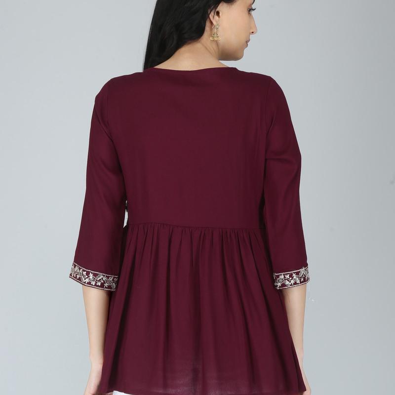 Women Rayon Embroidery Maroon Solid top