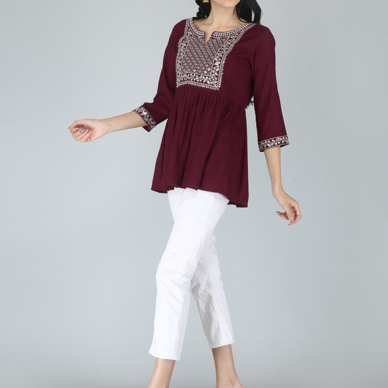 Women Rayon Embroidery Maroon Solid top